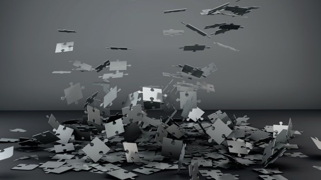 Modeled free falling jigsaw puzzle.